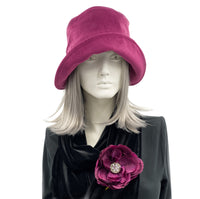 Eleanor wide front brim raspberry velvet large raspberry rhinestone flower cloche hat  with brooch removed and worn on scarf