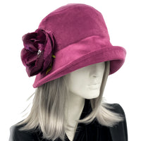 Eleanor wide front brim raspberry velvet large raspberry rhinestone flower cloche hat front side view