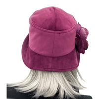 Eleanor wide front brim raspberry velvet large raspberry rhinestone flower cloche hat rear view