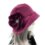 Eleanor wide front brim raspberry velvet large raspberry rhinestone flower cloche hat  1920s style side view