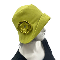 Sun Hat in Chartreuse Linen 1920s style flower view