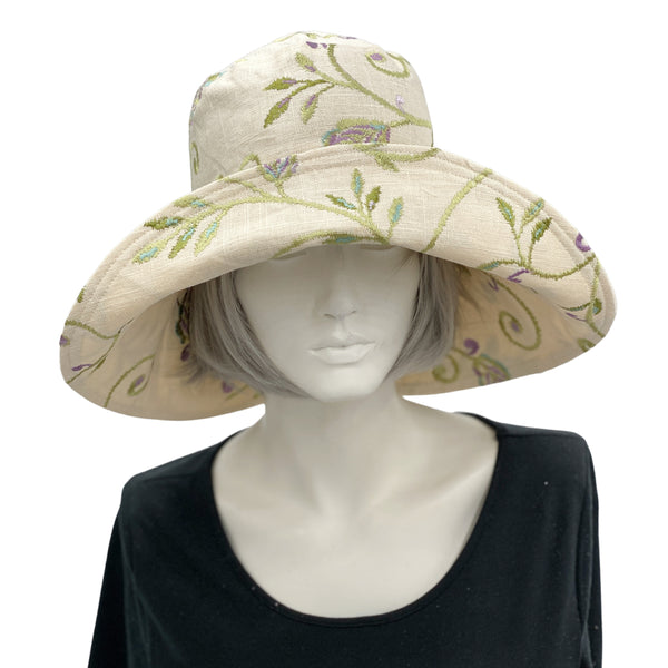 Wide brim womens Derby hat in embroidered linen front view 