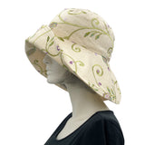 Wide brim womens Derby hat in embroidered linen side view 