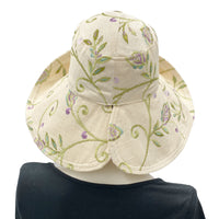 Wide brim womens Derby hat in embroidered linen rear  view 