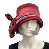 1920s style cloche hat in burgundy and gray velvet with satin band and large bow Boston Millinery front view