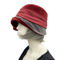 1920s style cloche hat in burgundy and gray velvet with satin band and large bow Boston Millinery side view