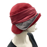 1920s style cloche hat in burgundy and gray velvet with satin band and large bow Boston Millinery split brim view