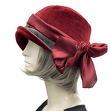 1920s style cloche hat in burgundy and gray velvet with satin band and large bow Boston Millinery side view