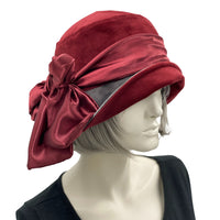 1920s style cloche hat in burgundy and gray velvet with satin band and large bow Boston Millinery 