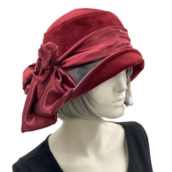 1920s style cloche hat in burgundy and gray velvet with satin band and large bow Boston Millinery 