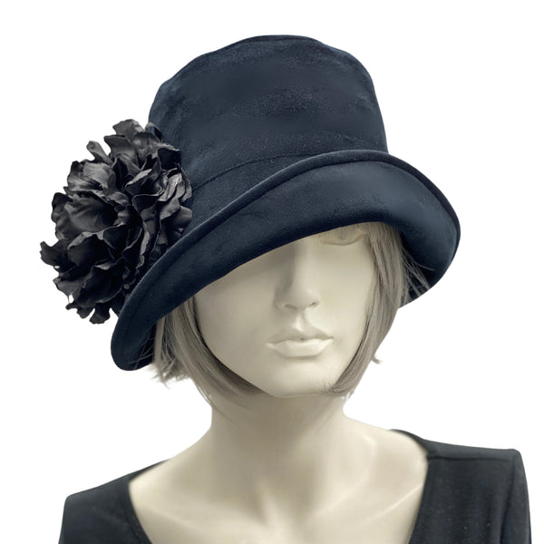 Black Velvet Eleanor cloche hat with large black peony brooch, handmade. y Boston Millinery modeled on a mannequin 