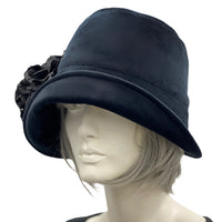 Black Velvet Eleanor cloche hat with large black peony brooch, handmade. y Boston Millinery modeled on a mannequin 