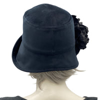 Black Velvet Eleanor cloche hat with large black peony brooch, handmade. y Boston Millinery modeled on a mannequin  rear view