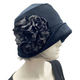 Black Velvet Eleanor cloche hat with large black peony brooch, handmade. y Boston Millinery modeled on a mannequin 