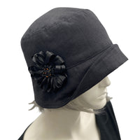 Eleanor small brim cloche hat women in black linen with ribbon rose brooch Boston Millinery 