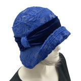 Vintage style 20s cloche hat in textured blue velour velvet handmade hats USA  side view