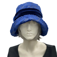 Vintage style 20s cloche hat in textured blue velour velvet handmade hats USA  front view