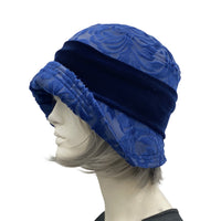 Vintage style 20s cloche hat in textured blue velour velvet handmade hats USA  side view