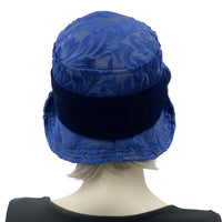 Vintage style 20s cloche hat in textured blue velour velvet handmade hats USA rear view