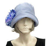 Eleanor cloche hat women Pale Blue linen with large peony brooch front view
