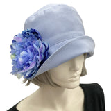 Eleanor cloche hat women Pale Blue linen with large peony brooch top front view