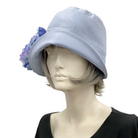 Eleanor cloche hat women Pale Blue linen with large peony brooch plain side view