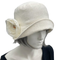 1920s Style Hat in Cream Linen with Chiffon Rose | The Eleanor Boston Millinery