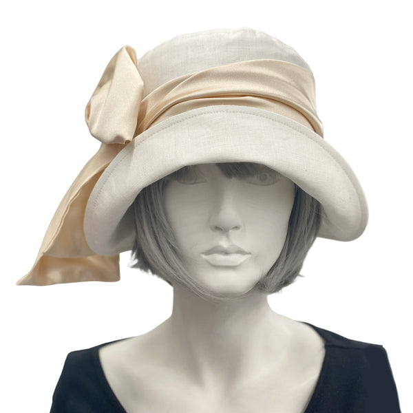 Summer Hats Women, Cloche Hat in Antique White Linen with Champagne Satin Bow Scarf, 1920s Hat, Wedding Hat, Handmade in the USA