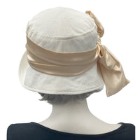 Cloche Hat in Antique White Linen with Champagne Satin Bow Scarf Rear view