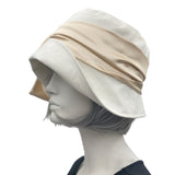 Cloche Hat in Antique White Linen with Champagne Satin Bow Scarf, Side View Boston Millinery