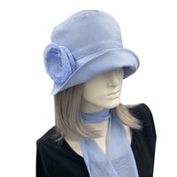 wedding Hat 1920sEleanor narrow brim Pale blue linen with chiffon rose brooch Boston Millinery 