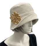 Eleanor small brim cloche hat women in beige linen with ribbon rose brooch Boston Millinery 