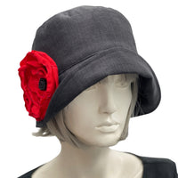 Linen 1920s Cloche Hats Eleanor style black linen with red chiffon brooch poppy rose modeled on a hat mannequin 