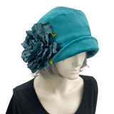 1920s Style Cloche hat in teal velvet with large peony style brooch 