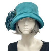 1920s Style Cloche hat in teal velvet with large peony style brooch  front view