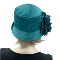 1920s Style Cloche hat in teal velvet with large peony style brooch rear view