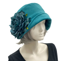 1920s Style Cloche hat in teal velvet with large peony style brooch  flower view