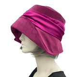 Vintage inspired 1920s style cloche hat handmade in raspberry velvet with a satin band and bow Boston Millinery made in the USA plain side view