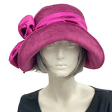 Vintage inspired 1920s style cloche hat handmade in raspberry velvet with a satin band and bow Boston Millinery made in the USA front view