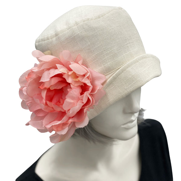 Eleanor small brim cream linen cloche hat with Peont Brooch in ribbon daisy brooch 