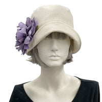 Eleanor small brim cream linen cloche hat with Peony Brooch in ribbon daisy brooch