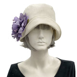 Eleanor small brim cream linen cloche hat with Peony Brooch in ribbon daisy brooch