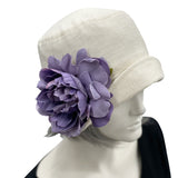 Eleanor small brim cream linen cloche hat with Peont Brooch in ribbon daisy brooch