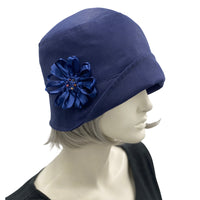 Eleanor small brim cloche hat women in navy  linen with ribbon rose brooch Boston Millinery 