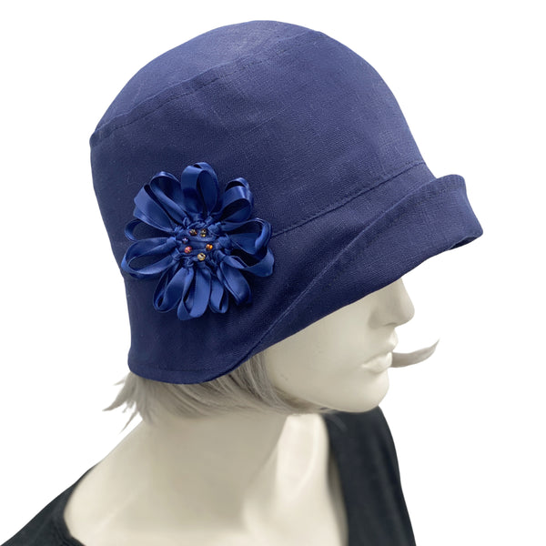 Eleanor small brim cloche hat women in navy blue linen with ribbon rose brooch 