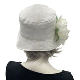 Boston Millinery white linen 1920s style Eleanor cloche hat with large Peony brooch  rear view