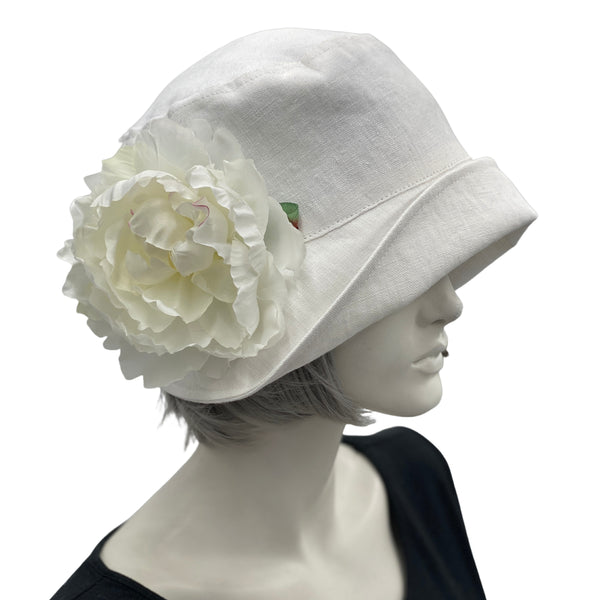 Boston Millinery white linen 1920s style Eleanor cloche hat with large Peony brooch 