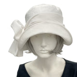 Eleanor cloche hat in white linen with chiffon scarf and bow Boston Millinery
