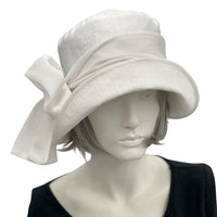 Eleanor cloche hat in white linen with chiffon scarf and bow Boston Millinery