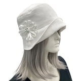 Eleanor small brim cloche hat women in white linen with ribbon rose brooch